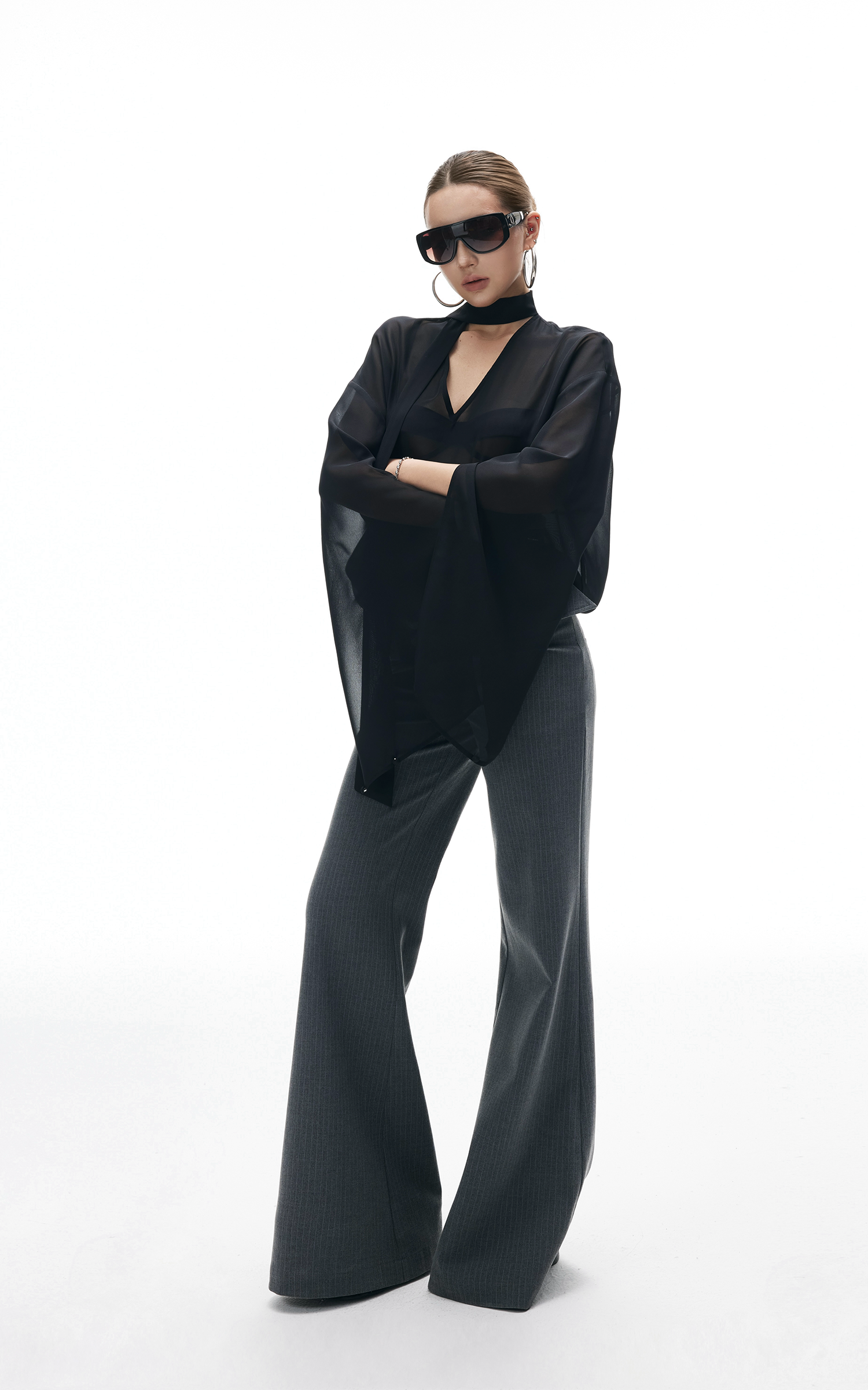 IAMXIAA Sheer Flowing Chiffon Top with Scarf Detail