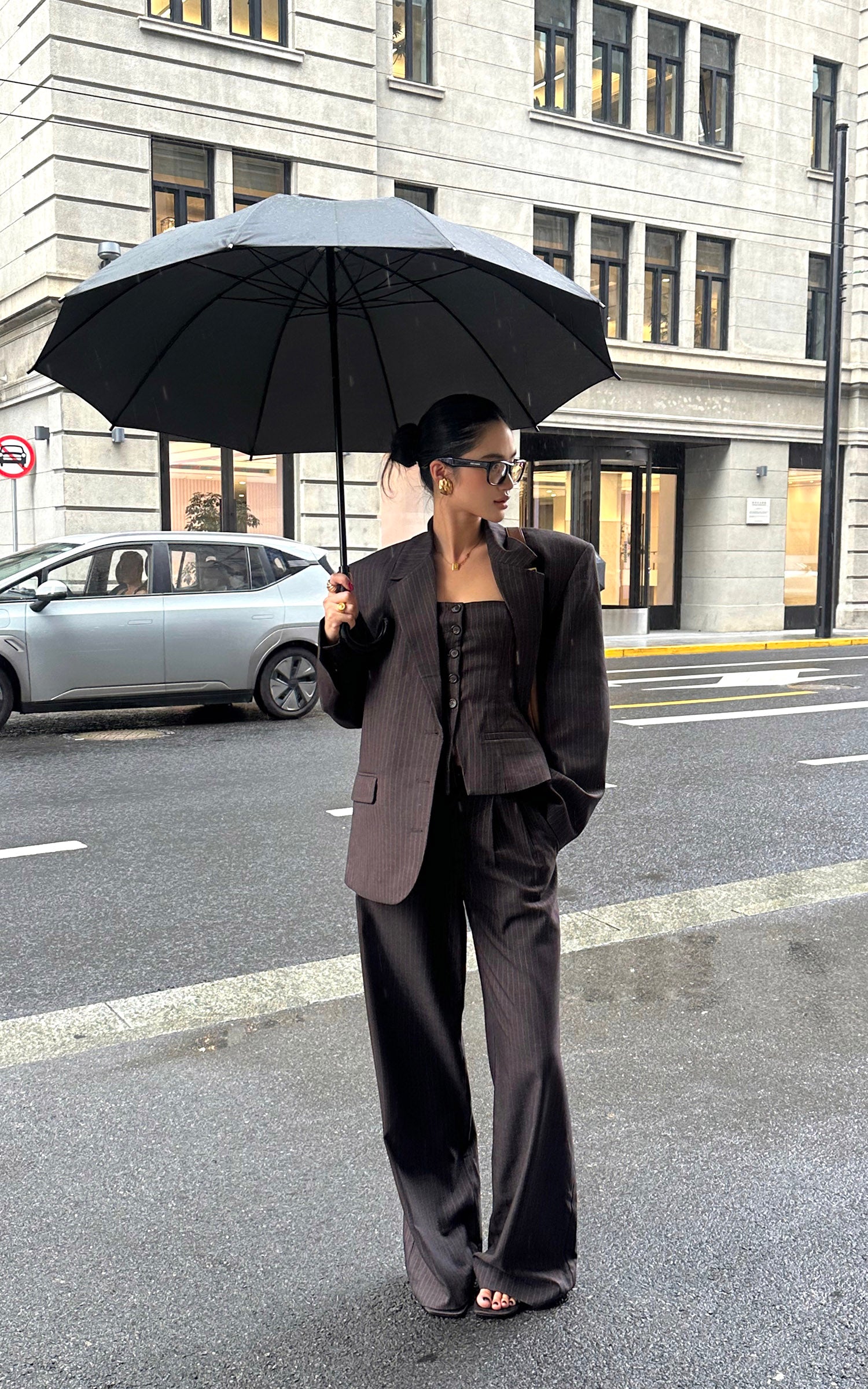 ROVENTE Pinstripe Wide-Leg Trousers with Pleated Front and Tailored Waist