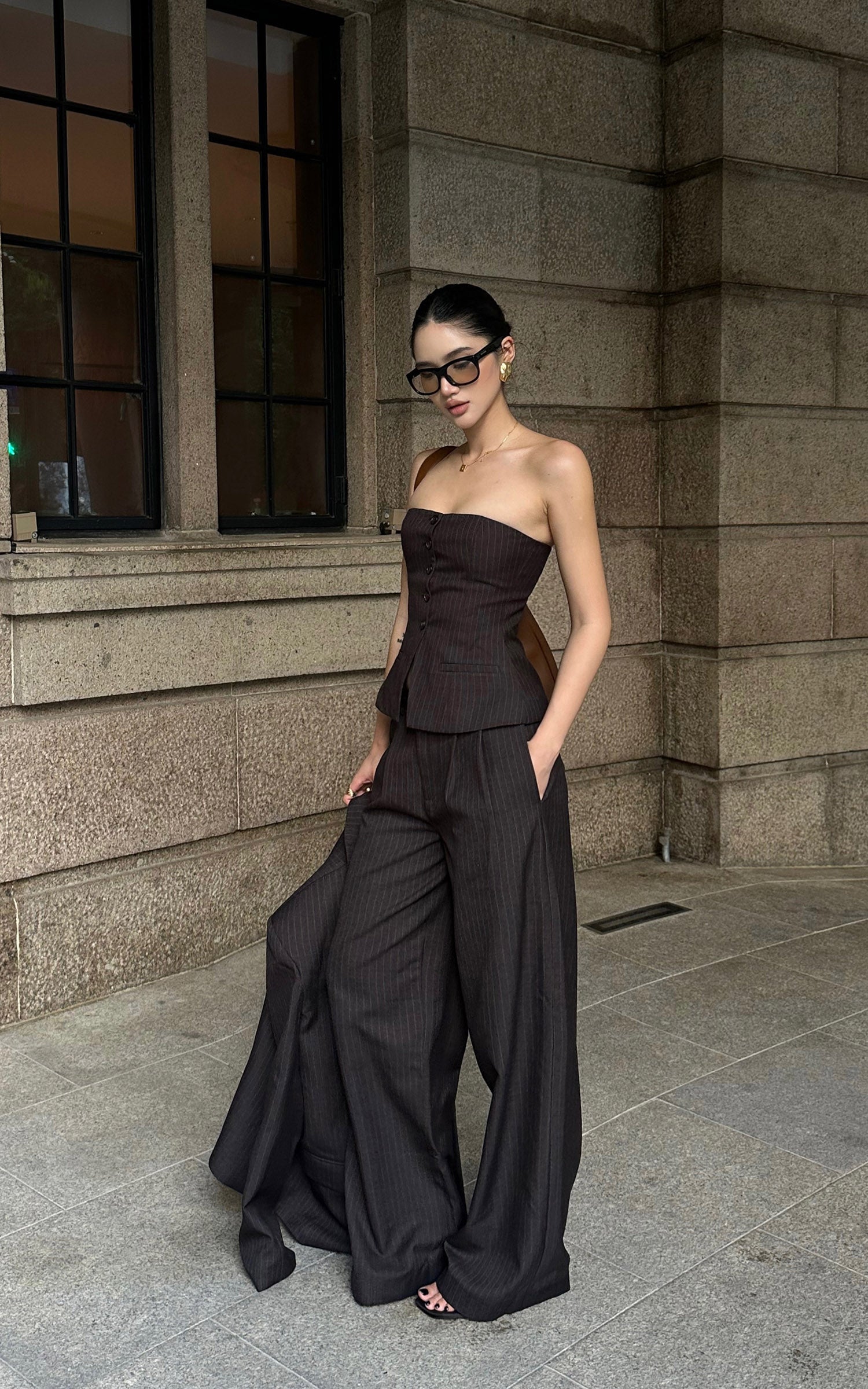 ROVENTE Tailored Pinstripe Suit Set with Blazer Corset and Wide Leg Pants