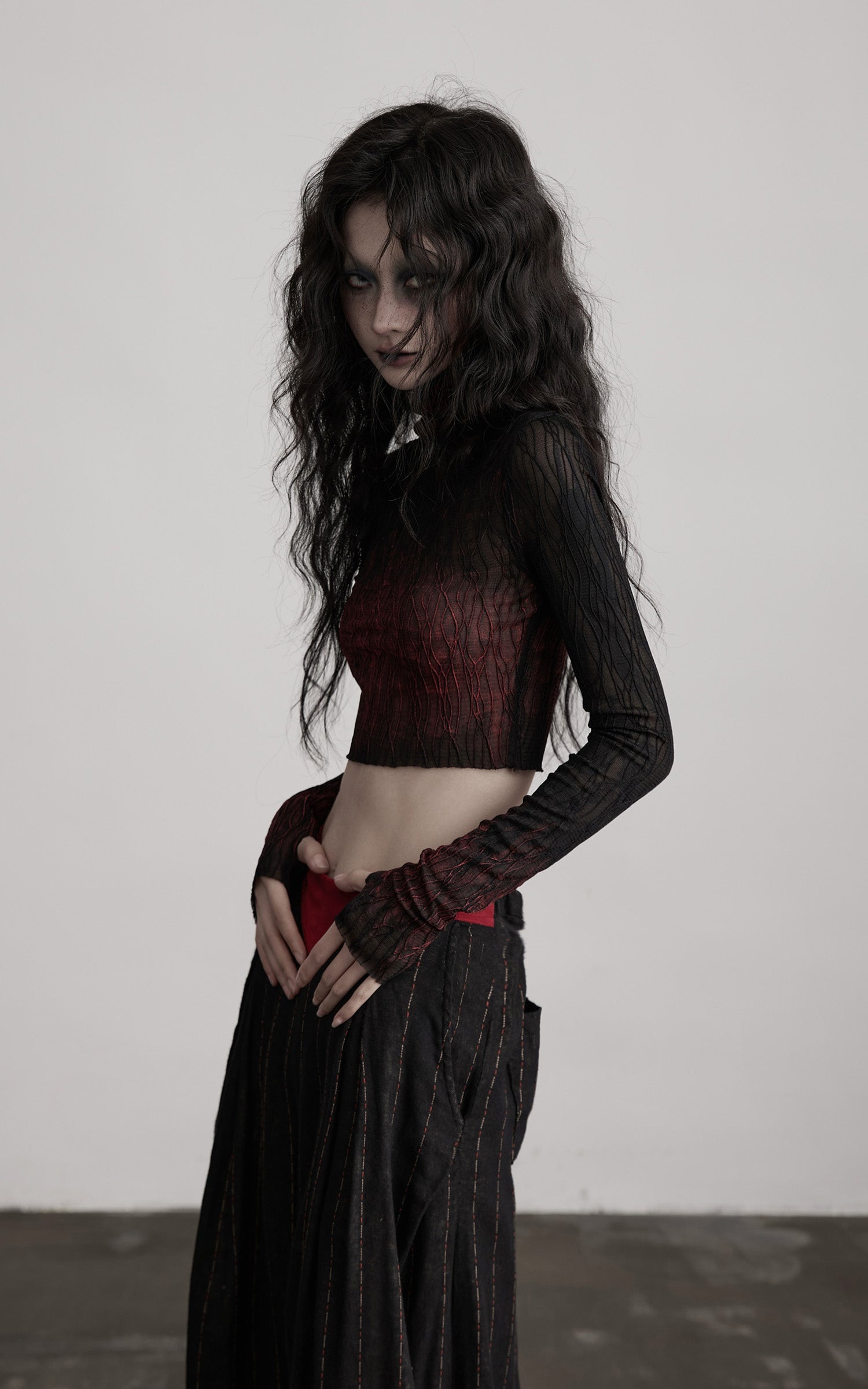 DOINDULGE Sheer Textured Long Sleeve T-Shirt