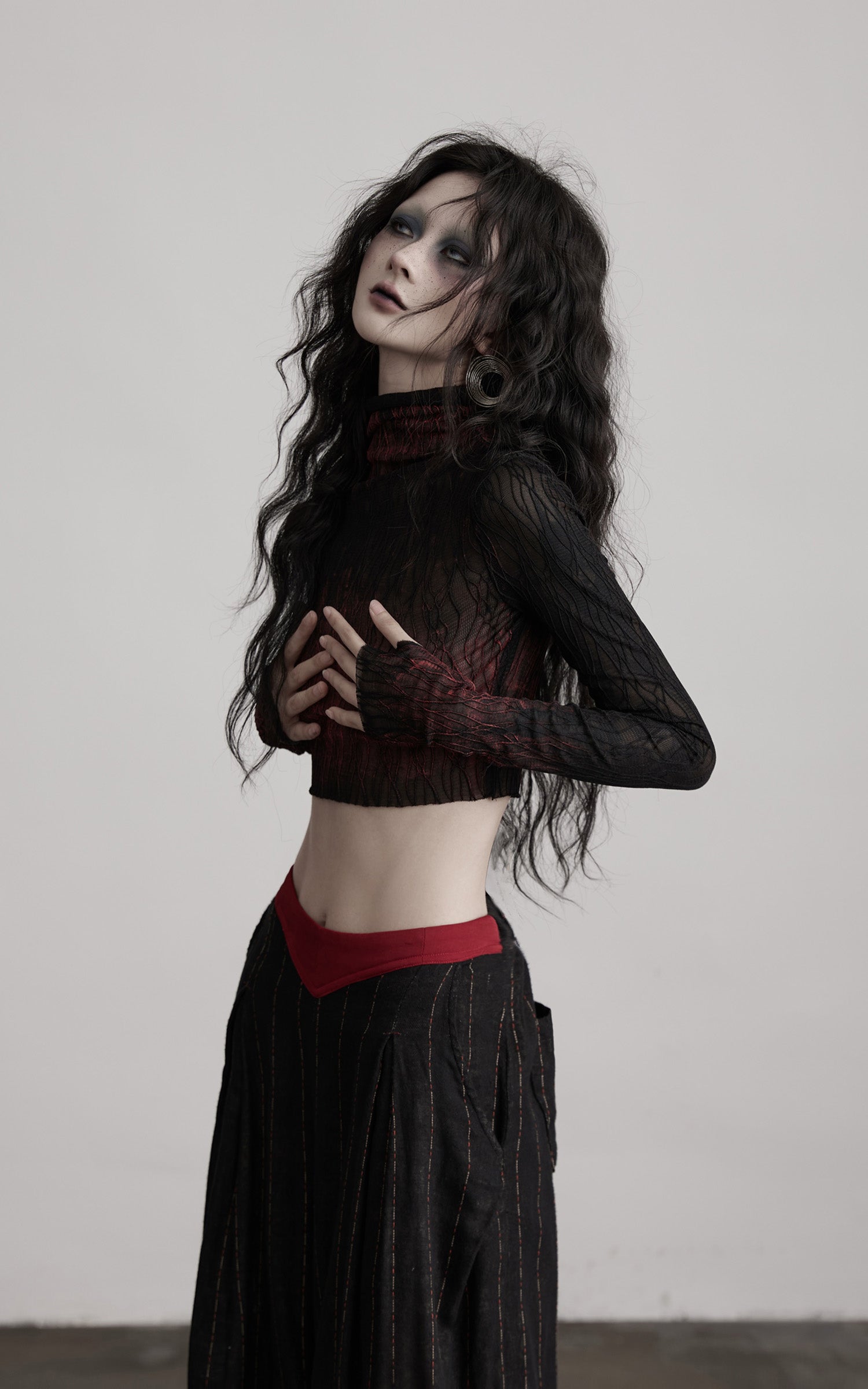 DOINDULGE Sheer Textured Long Sleeve T-Shirt