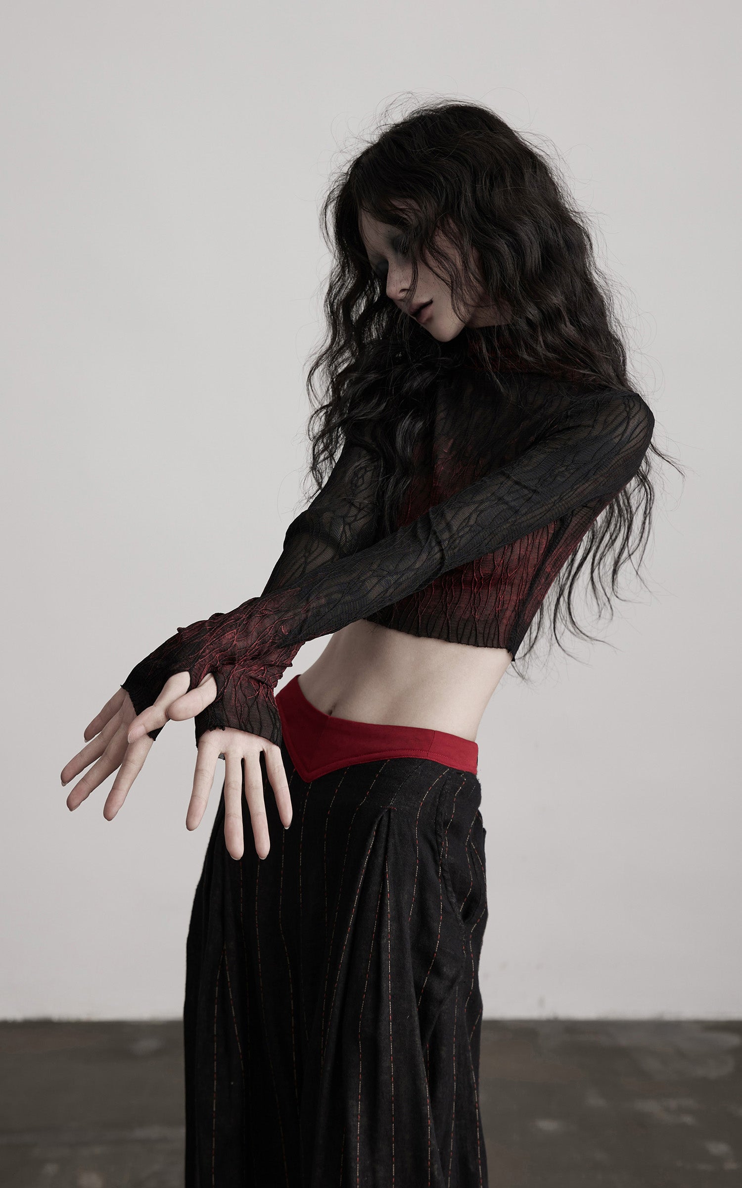 DOINDULGE Sheer Textured Long Sleeve T-Shirt