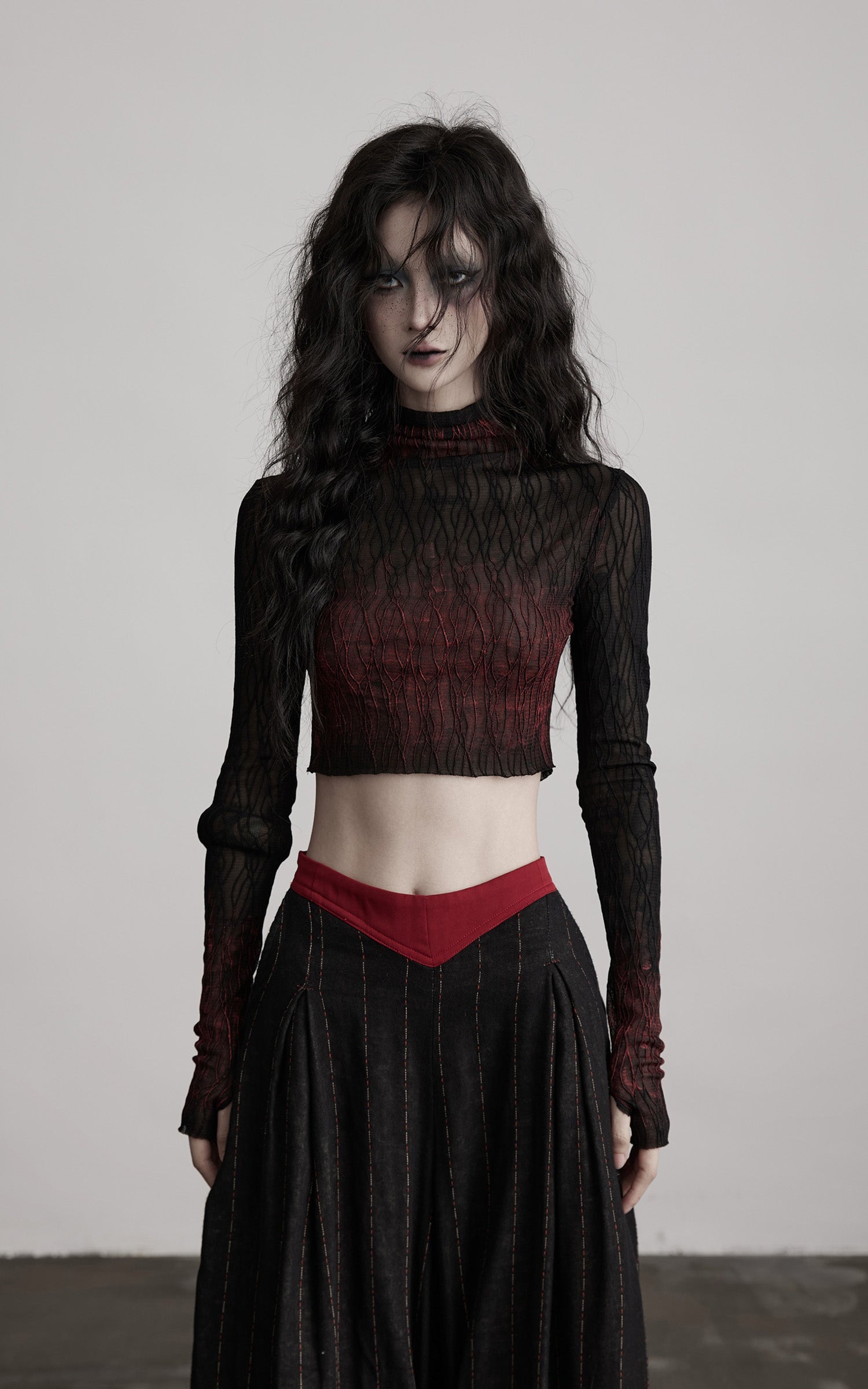 DOINDULGE Sheer Textured Long Sleeve T-Shirt