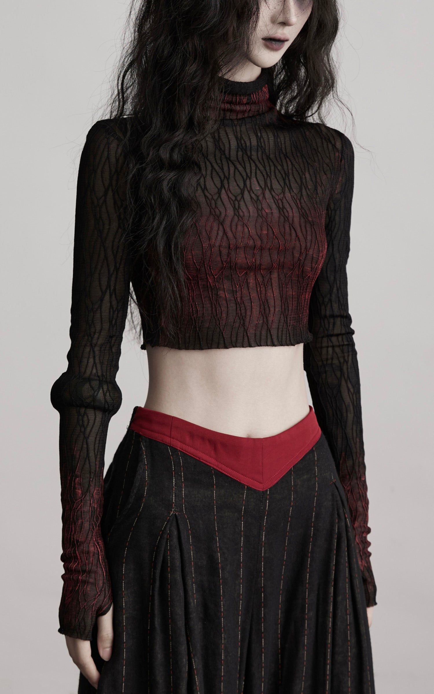 DOINDULGE Sheer Textured Long Sleeve T-Shirt