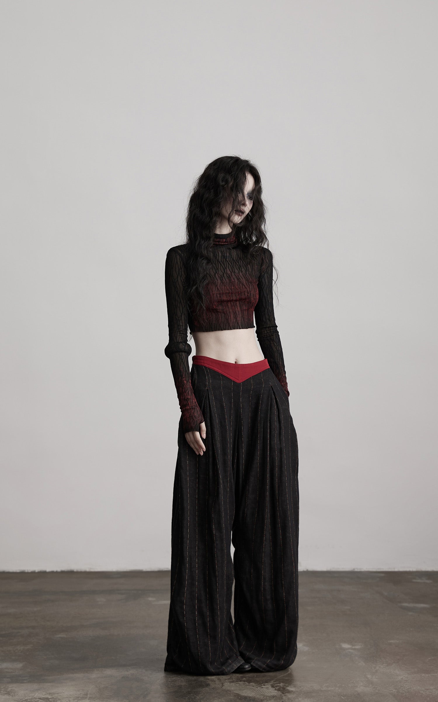 DOINDULGE Sheer Textured Long Sleeve T-Shirt
