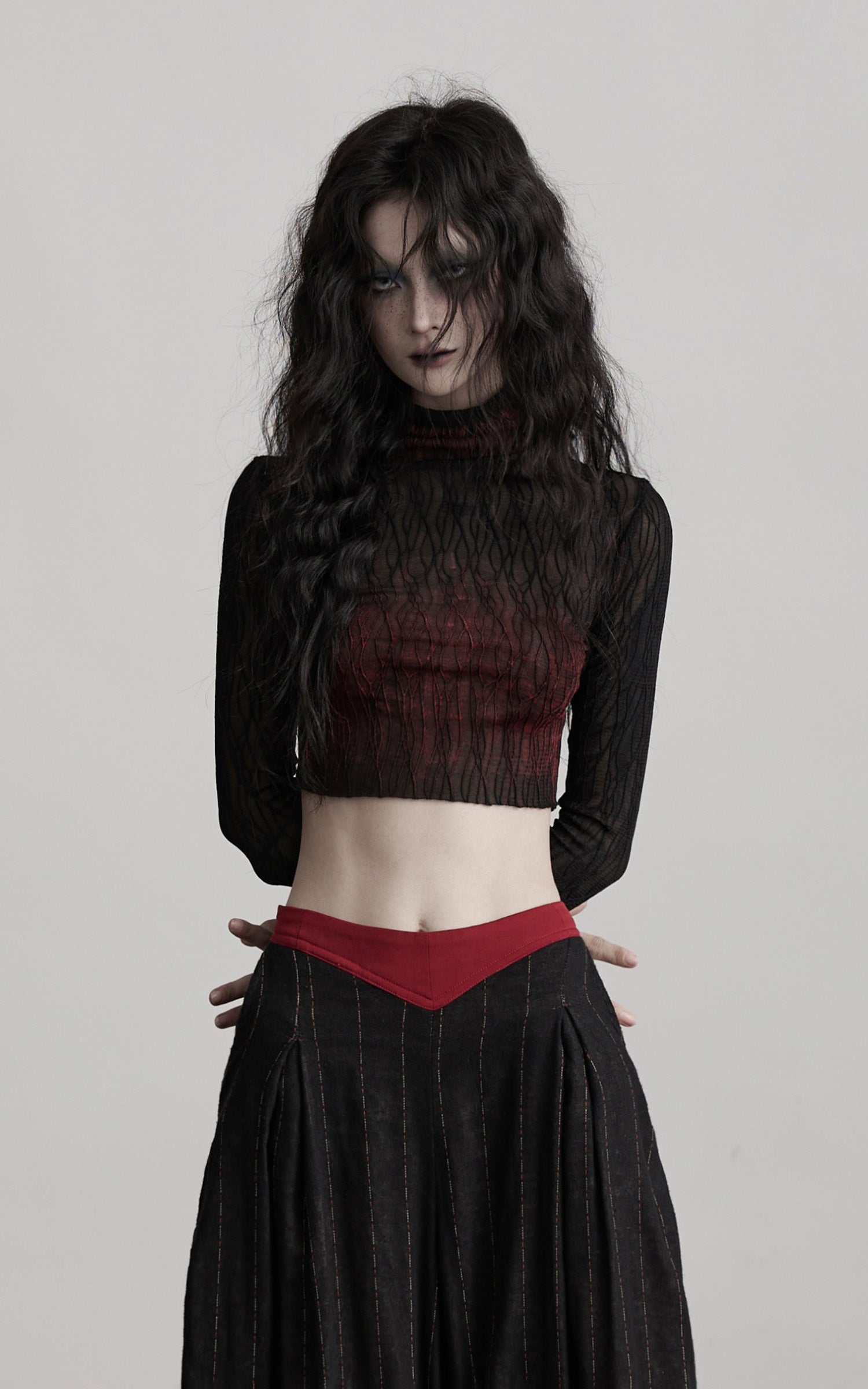 DOINDULGE Sheer Textured Long Sleeve T-Shirt