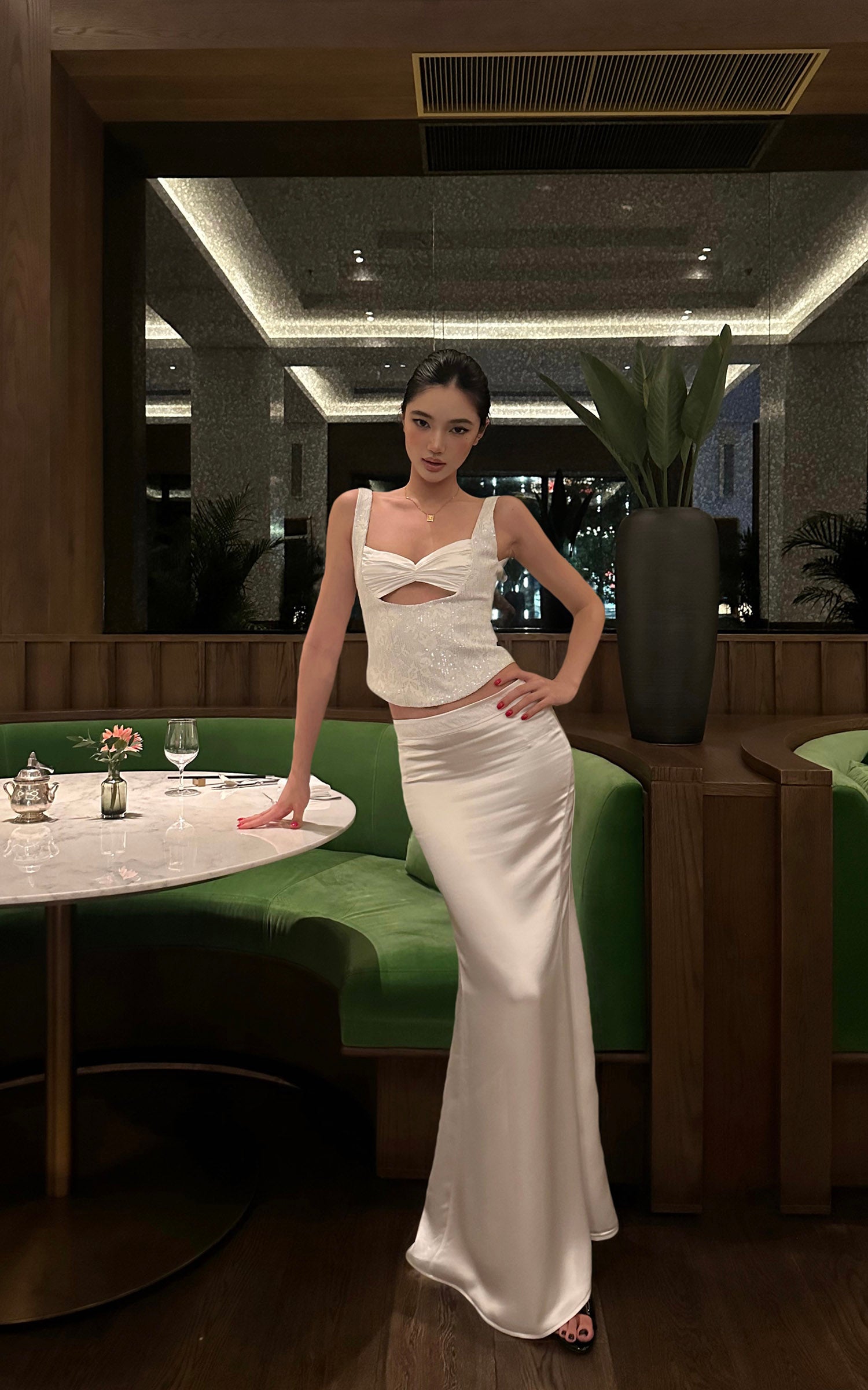 ROVENTE Satin Lace Tank &amp; Mermaid Skirt Set