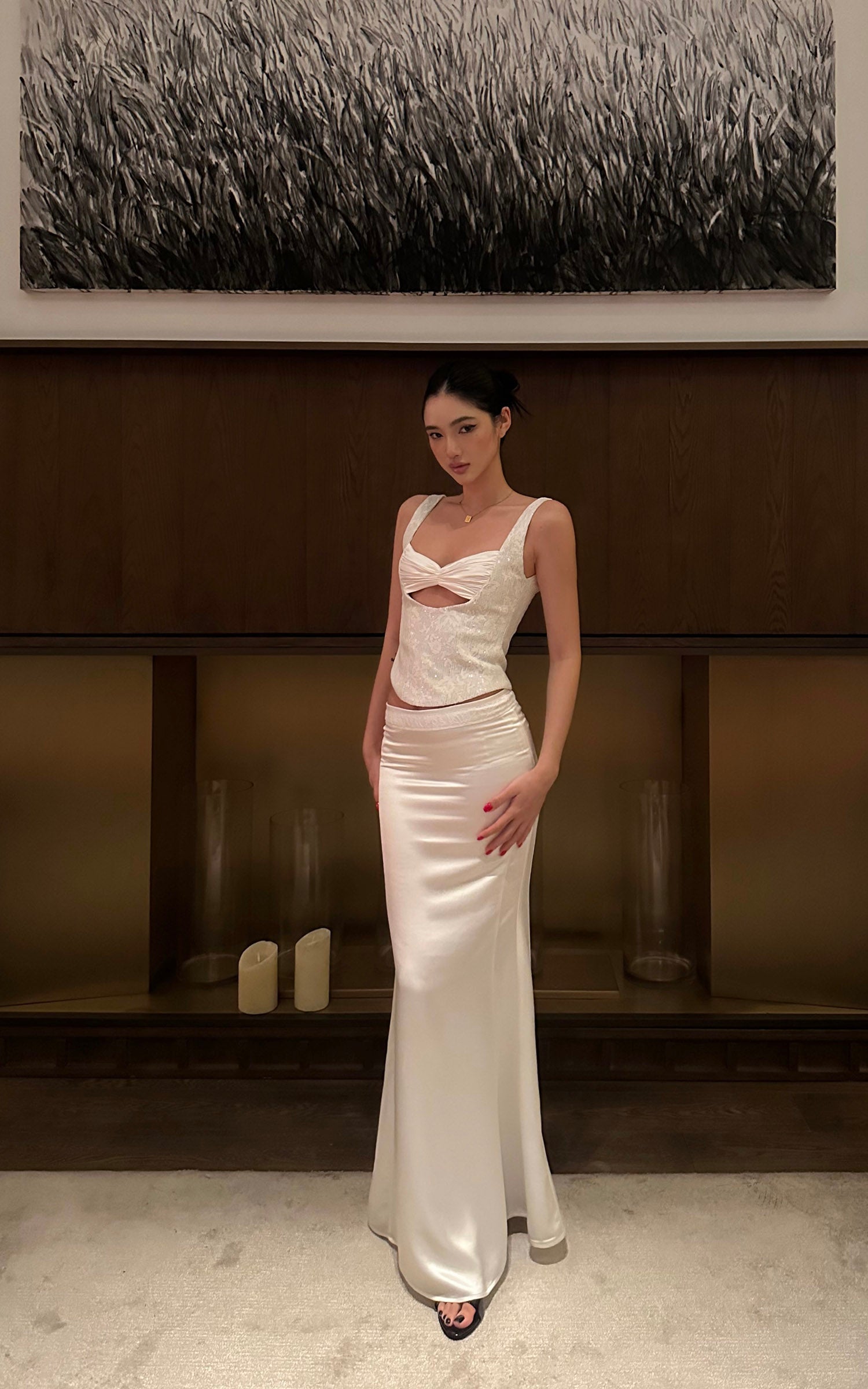 ROVENTE Satin Mermaid Maxi Skirt with Lace Waist Detail