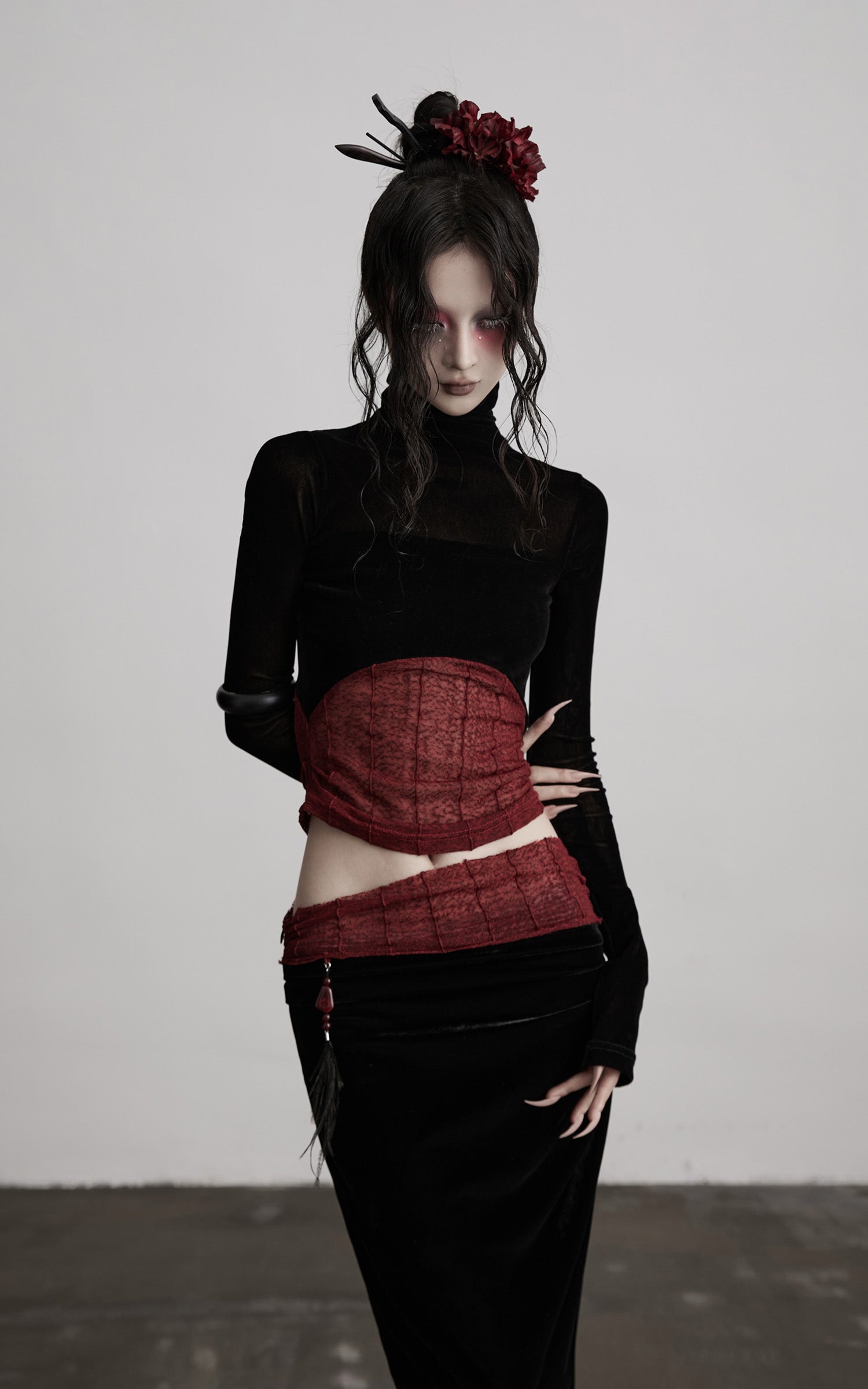 DOINDULGE Sheer Velvet Long Sleeve Top with Contrast Red Panel