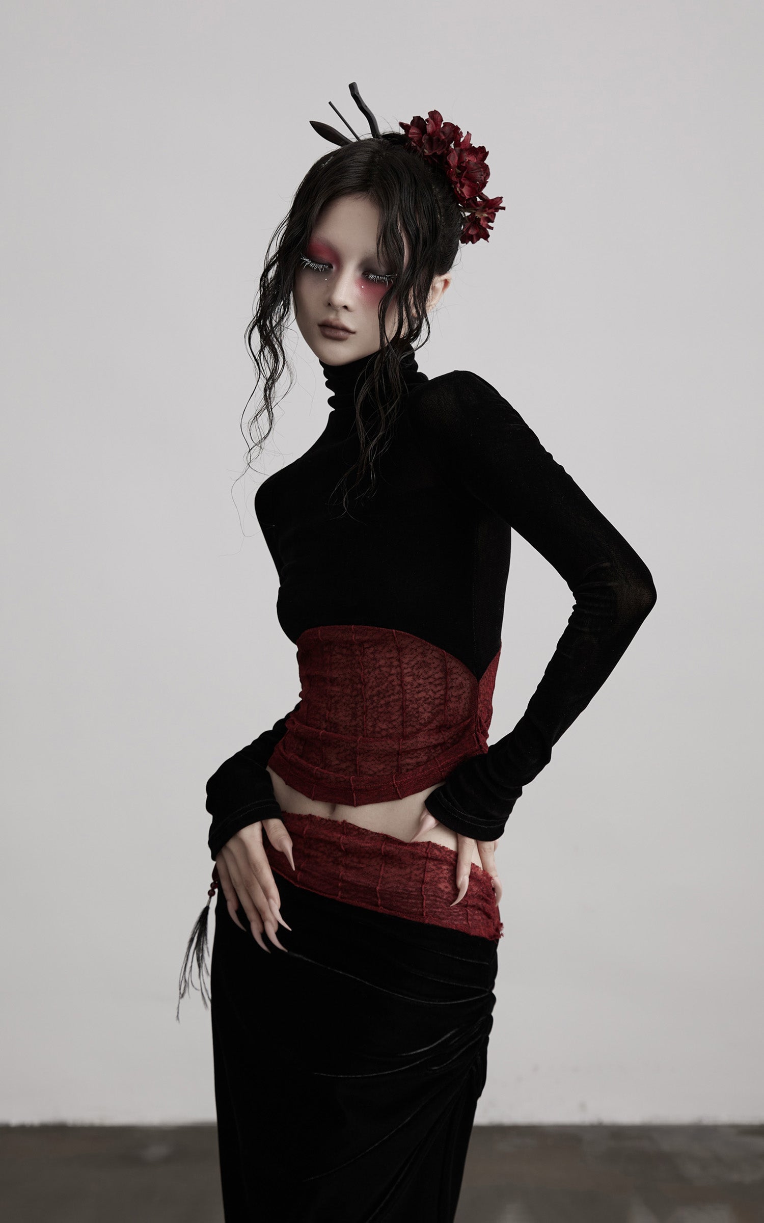 DOINDULGE Sheer Velvet Long Sleeve Top with Contrast Red Panel