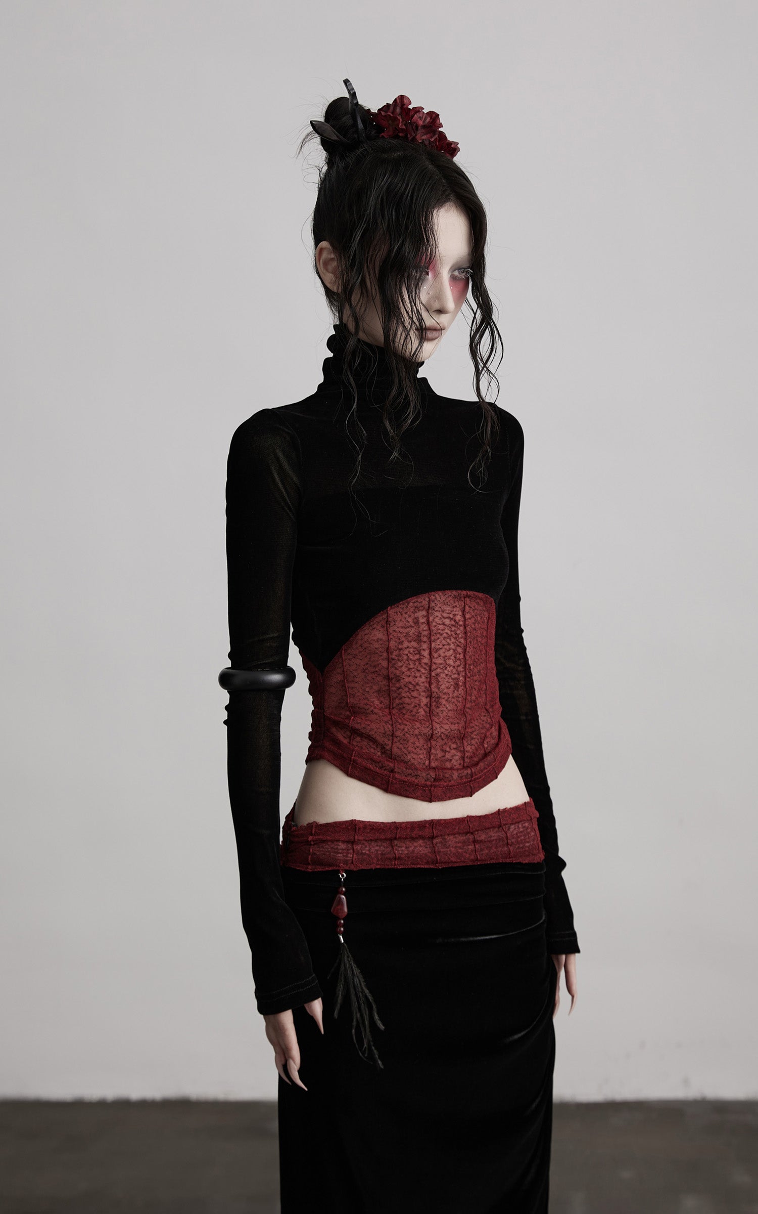 DOINDULGE Sheer Velvet Long Sleeve Top with Contrast Red Panel