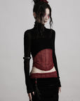 DOINDULGE Sheer Velvet Long Sleeve Top with Contrast Red Panel