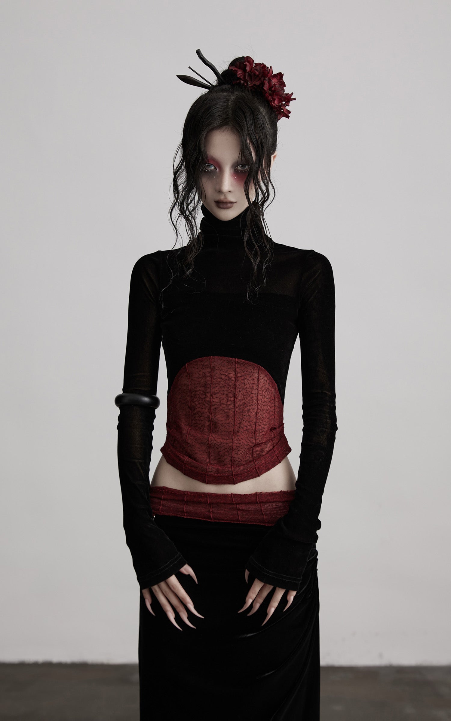 DOINDULGE Sheer Velvet Long Sleeve Top with Contrast Red Panel