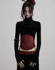 DOINDULGE Sheer Velvet Long Sleeve Top with Contrast Red Panel