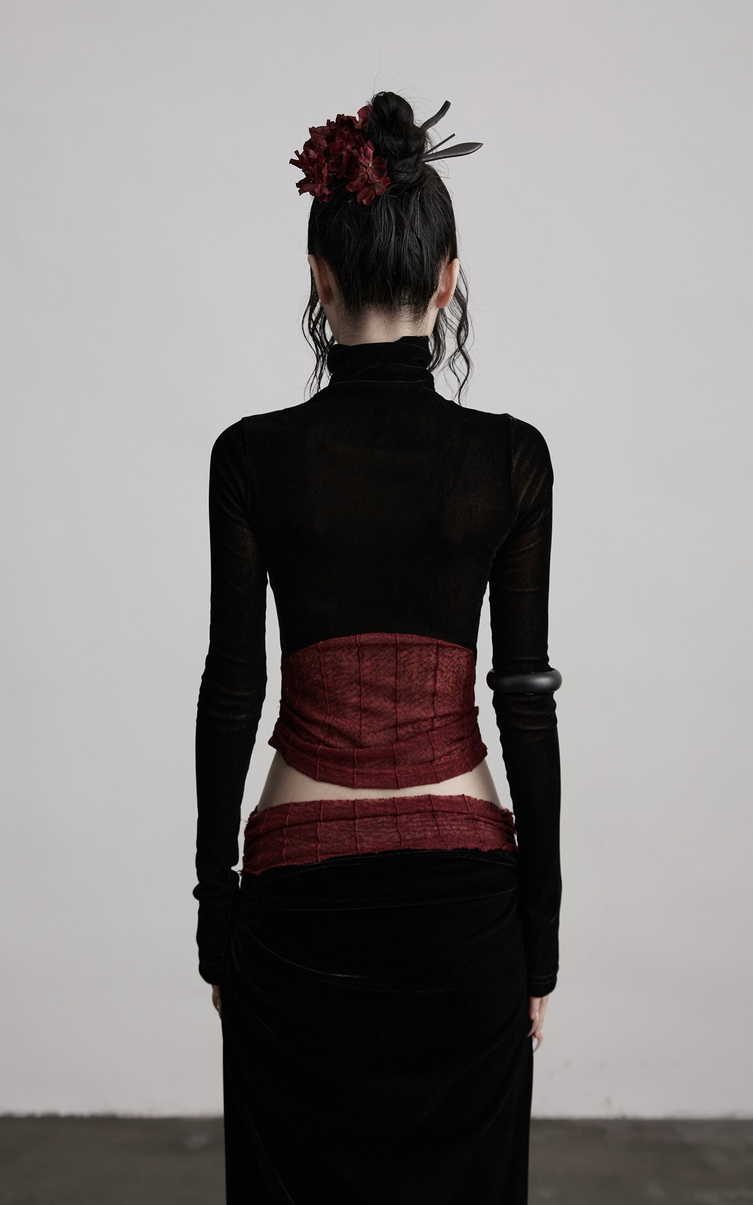 DOINDULGE Sheer Velvet Long Sleeve Top with Contrast Red Panel