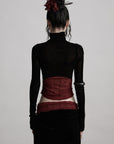 DOINDULGE Sheer Velvet Long Sleeve Top with Contrast Red Panel