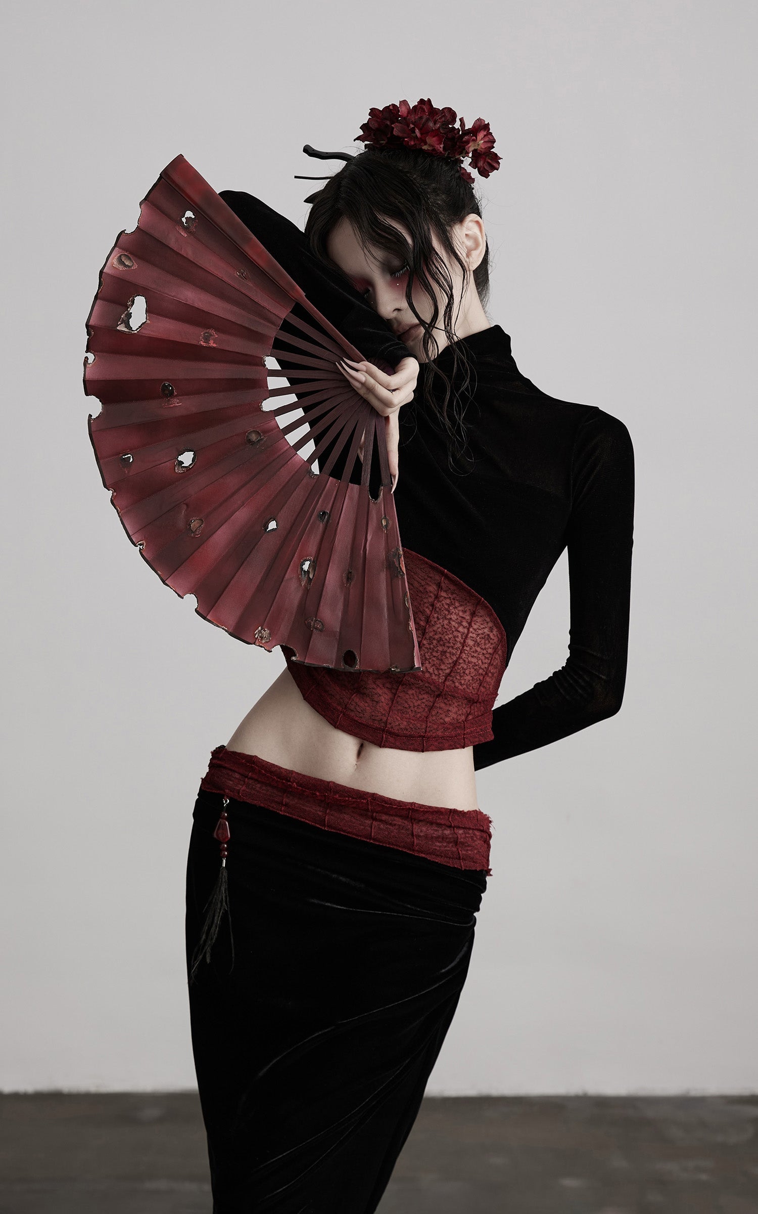 DOINDULGE Sheer Velvet Long Sleeve Top with Contrast Red Panel
