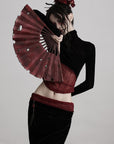 DOINDULGE Sheer Velvet Long Sleeve Top with Contrast Red Panel