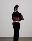 DOINDULGE Draped Velvet Skirt with Sheer Red Waist Detail