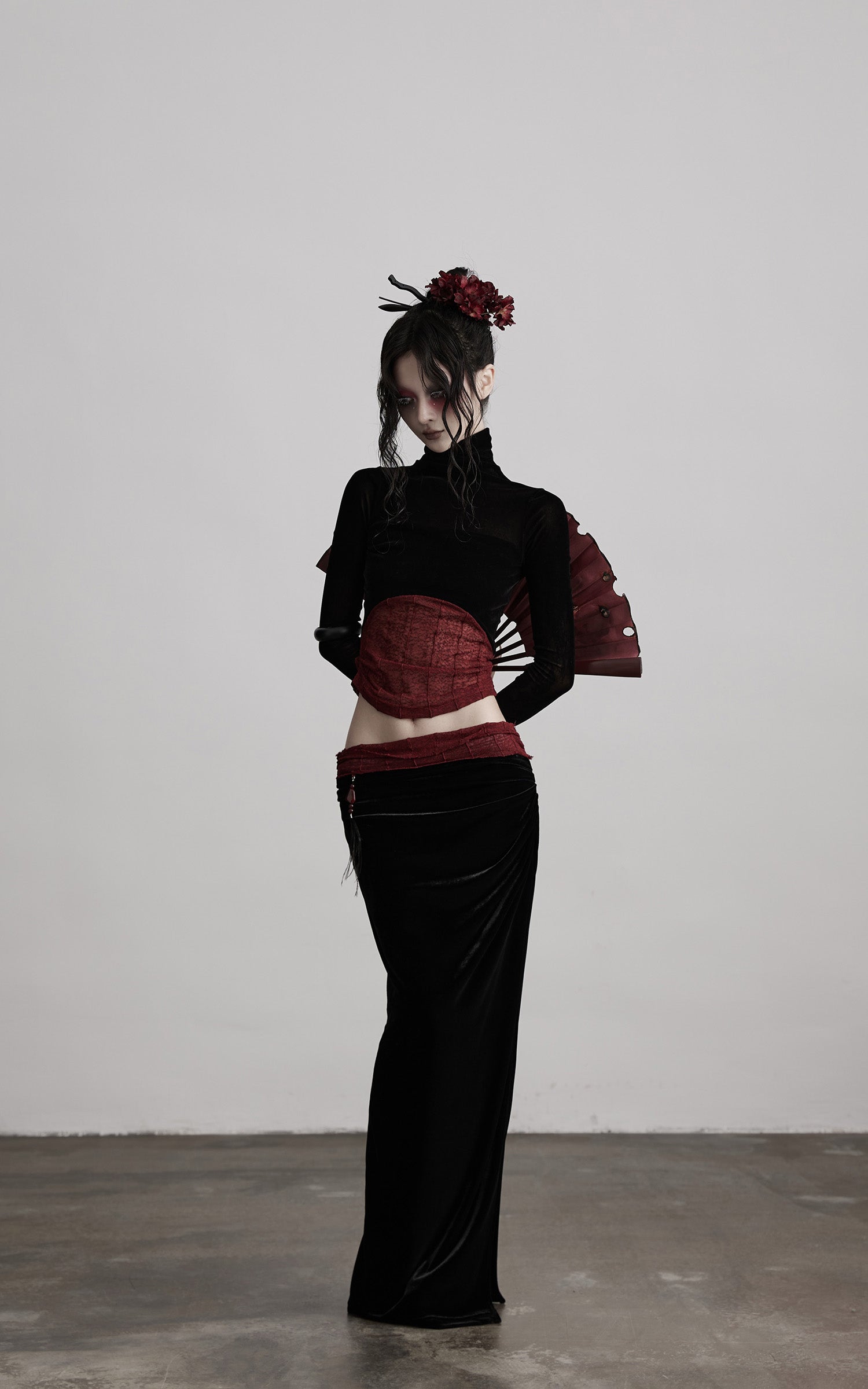 DOINDULGE Sheer Velvet Long Sleeve Top with Contrast Red Panel
