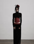 DOINDULGE Draped Velvet Skirt with Sheer Red Waist Detail