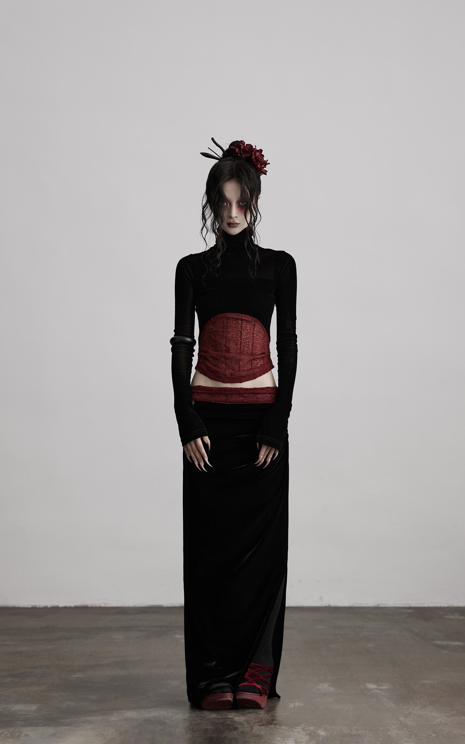 DOINDULGE Sheer Velvet Long Sleeve Top with Contrast Red Panel