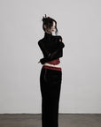 DOINDULGE Sheer Velvet Long Sleeve Top with Contrast Red Panel