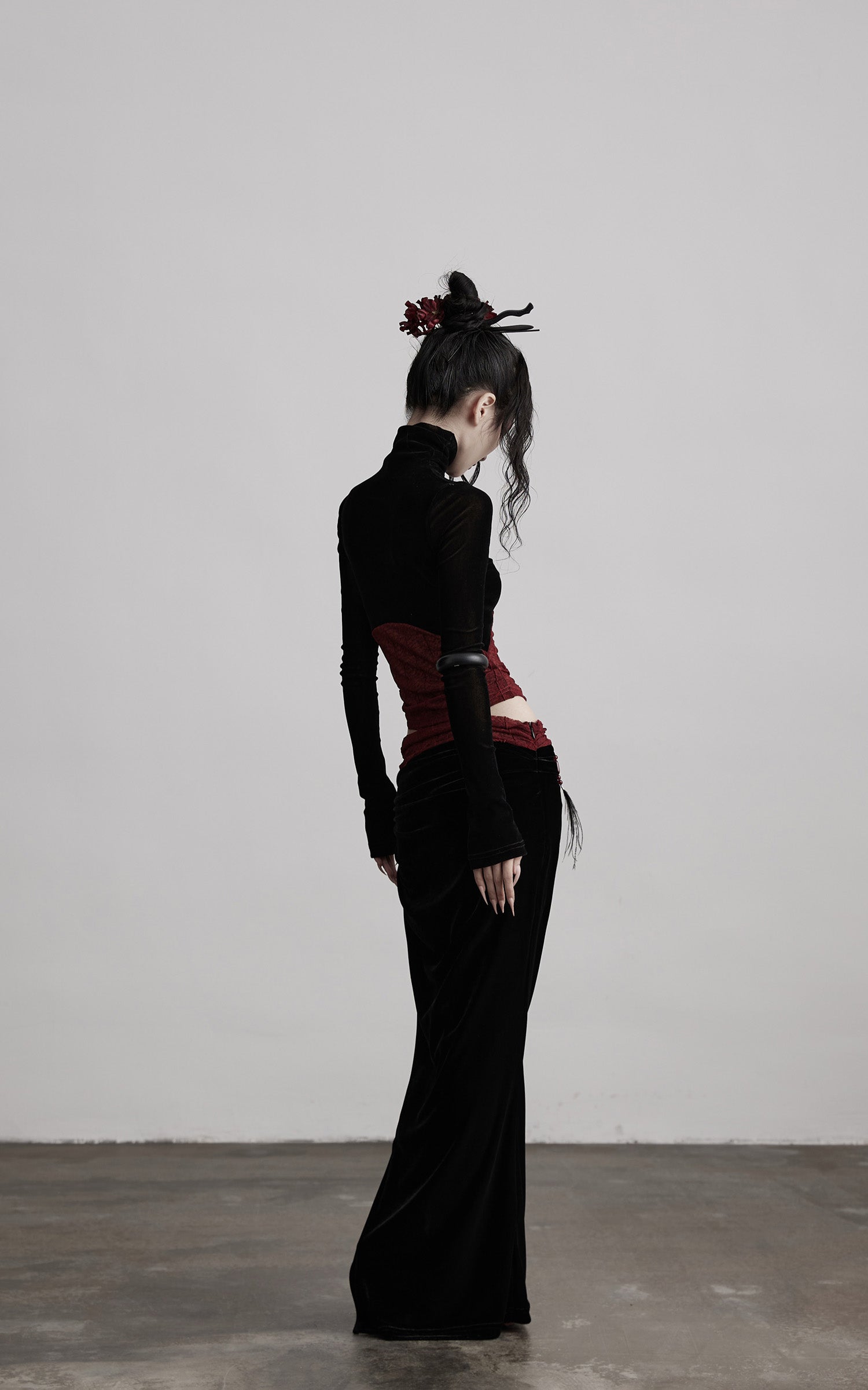 DOINDULGE Sheer Velvet Long Sleeve Top with Contrast Red Panel