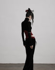 DOINDULGE Sheer Velvet Long Sleeve Top with Contrast Red Panel