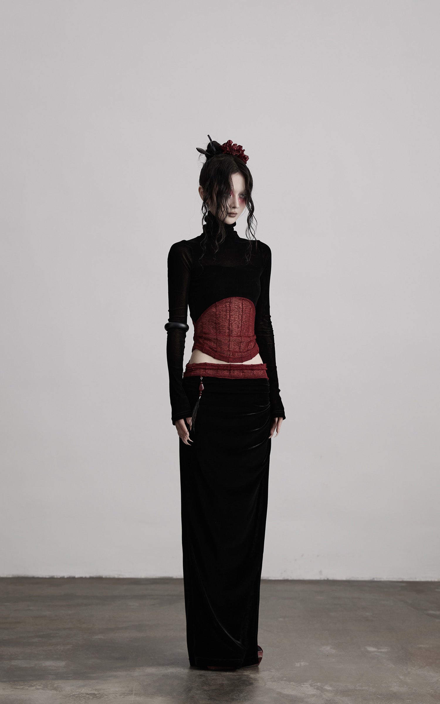 DOINDULGE Sheer Velvet Long Sleeve Top with Contrast Red Panel