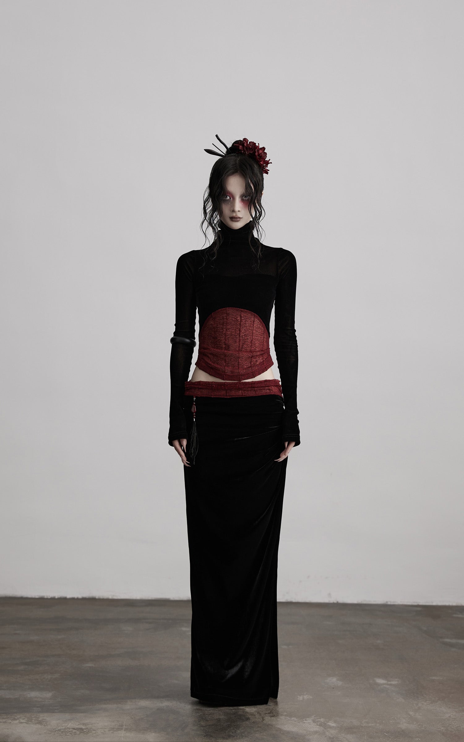 DOINDULGE Sheer Velvet Long Sleeve Top with Contrast Red Panel