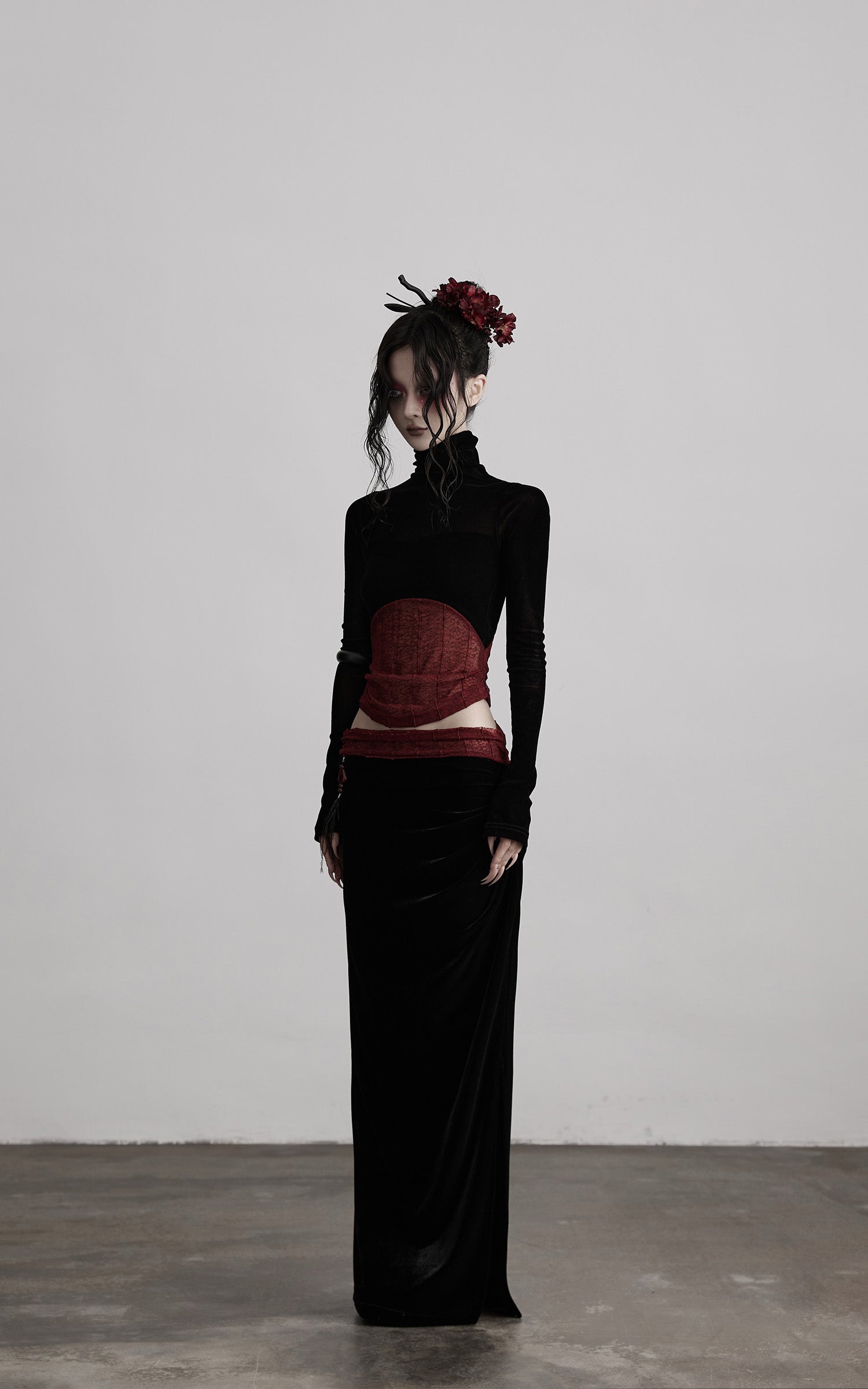 DOINDULGE Sheer Velvet Long Sleeve Top with Contrast Red Panel