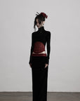 DOINDULGE Sheer Velvet Long Sleeve Top with Contrast Red Panel