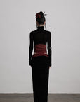 DOINDULGE Draped Velvet Skirt with Sheer Red Waist Detail
