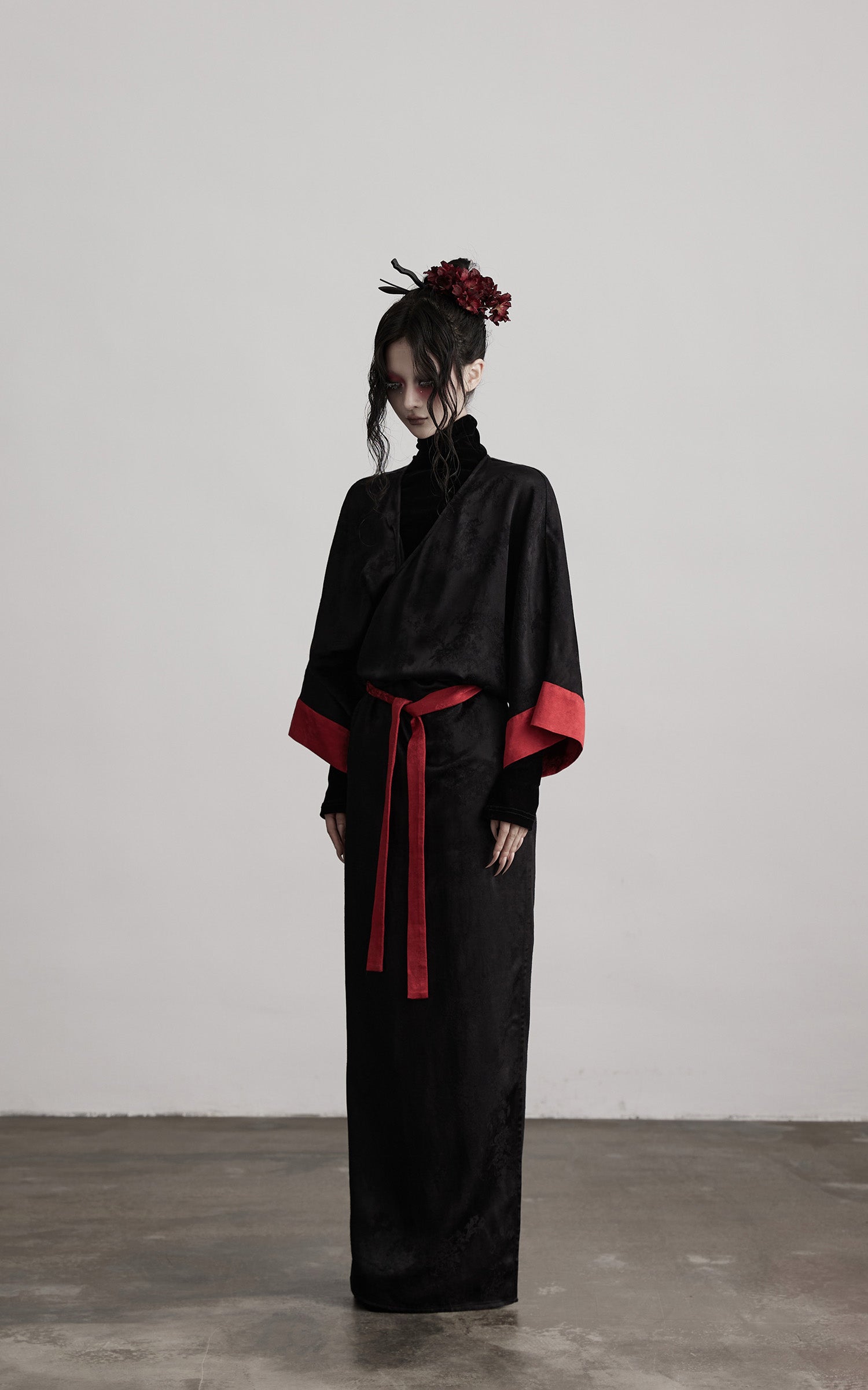 DOINDULGE Kimono Sleeve Wrap Coat with Red Contrast Cuffs and Long Tie