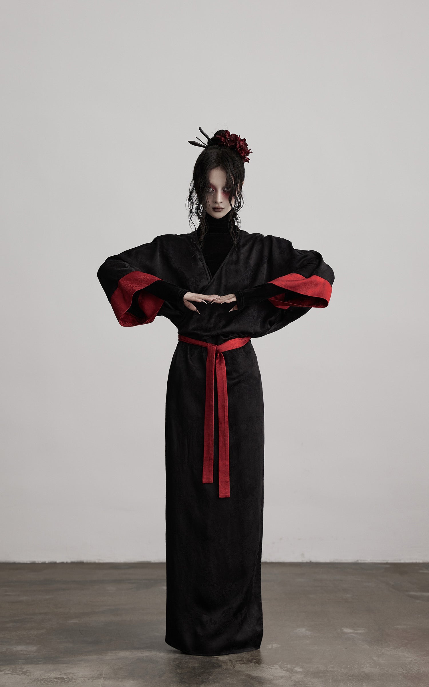 DOINDULGE Kimono Sleeve Wrap Coat with Red Contrast Cuffs and Long Tie