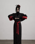 DOINDULGE Kimono Sleeve Wrap Coat with Red Contrast Cuffs and Long Tie