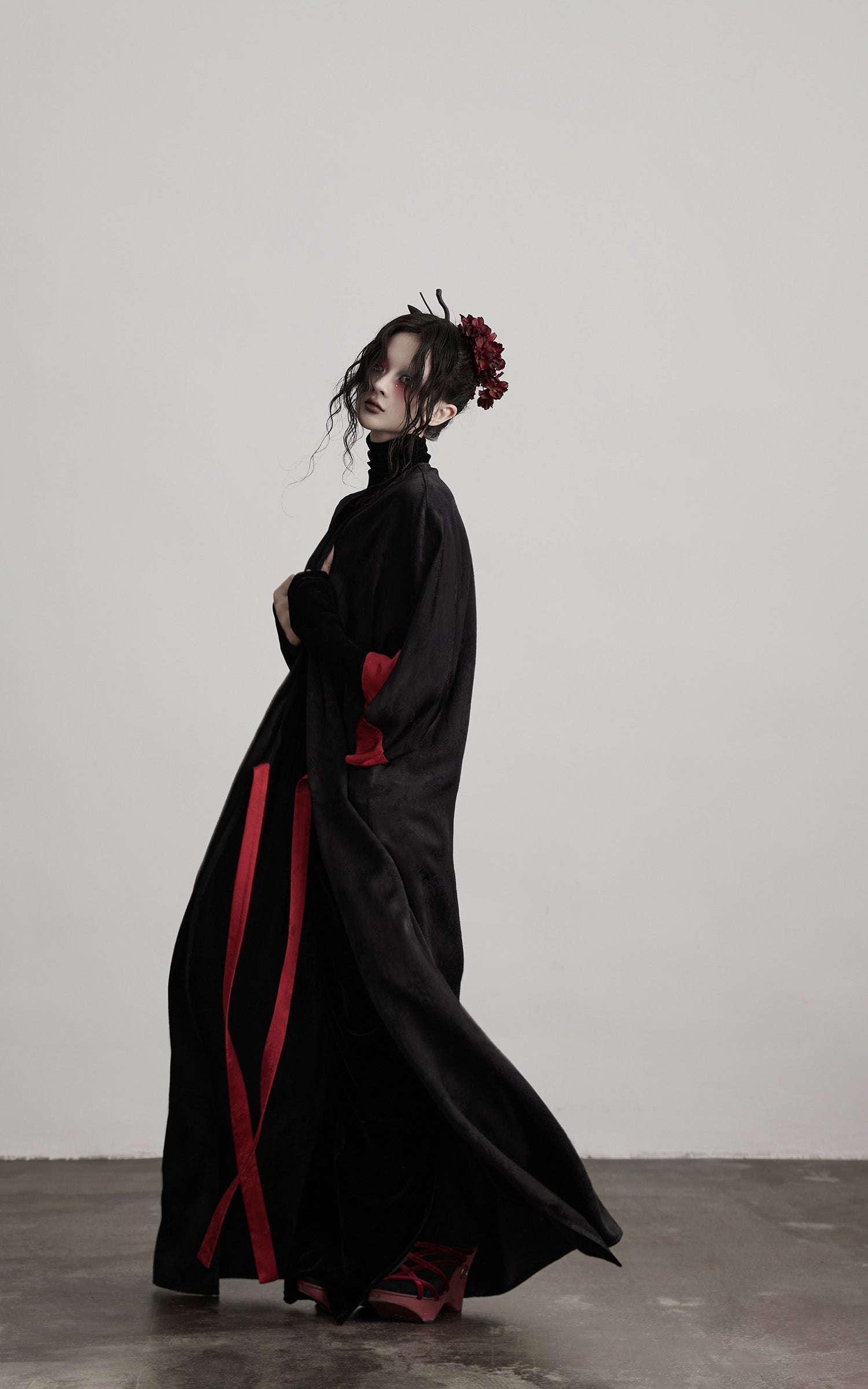 DOINDULGE Kimono Sleeve Wrap Coat with Red Contrast Cuffs and Long Tie