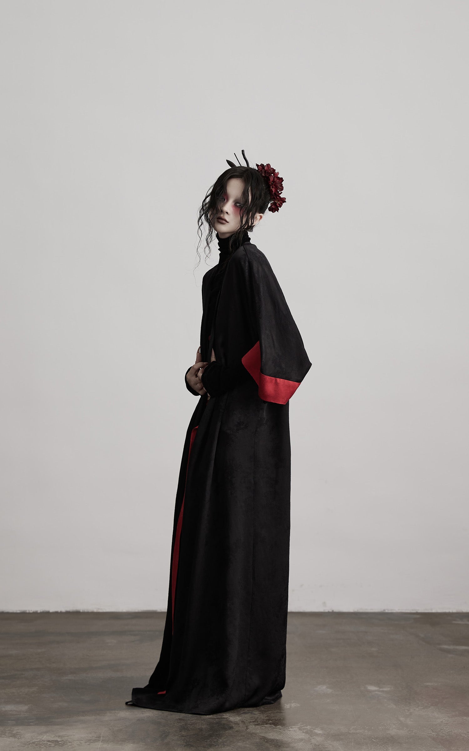 DOINDULGE Kimono Sleeve Wrap Coat with Red Contrast Cuffs and Long Tie