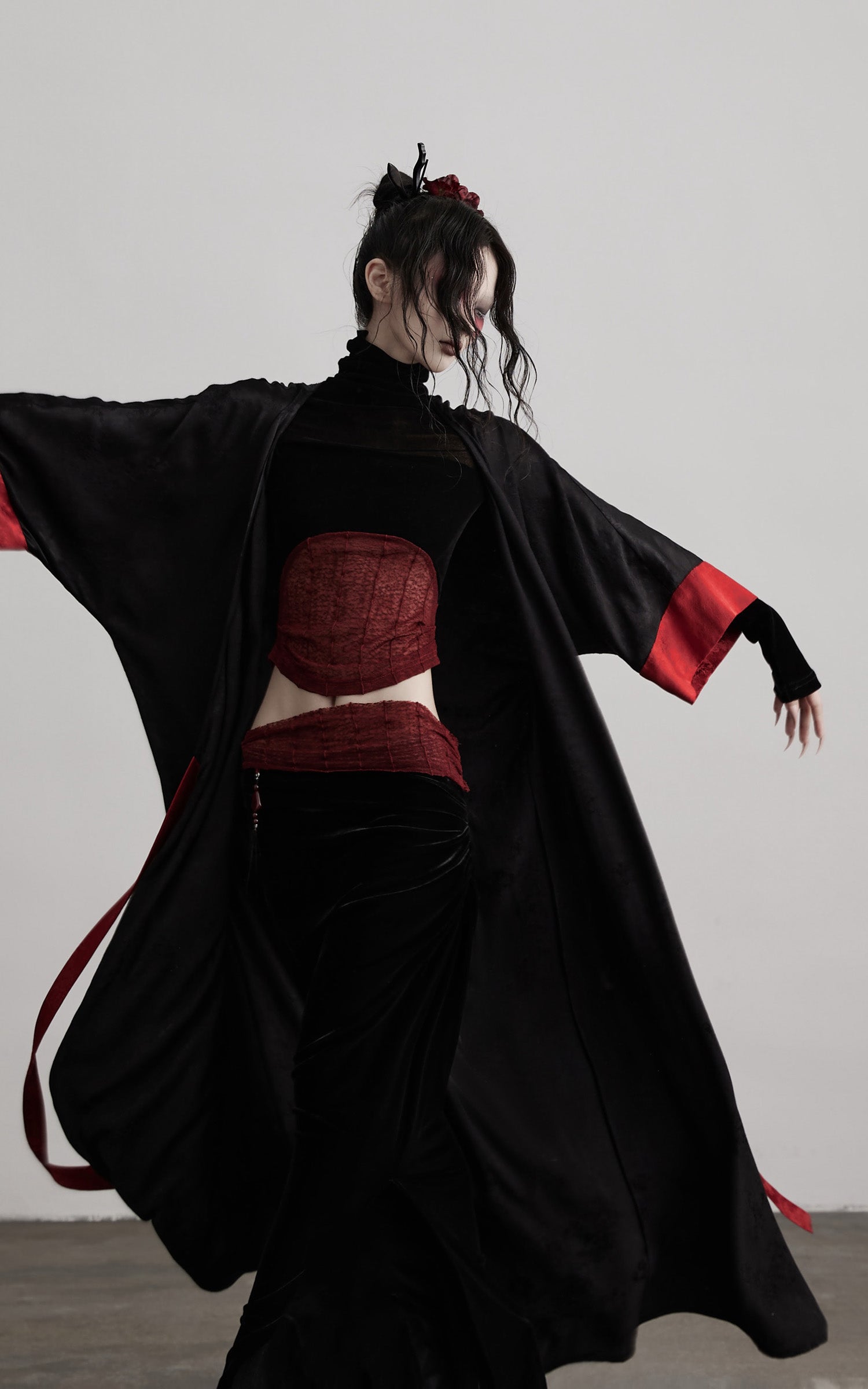 DOINDULGE Kimono Sleeve Wrap Coat with Red Contrast Cuffs and Long Tie