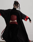 DOINDULGE Kimono Sleeve Wrap Coat with Red Contrast Cuffs and Long Tie