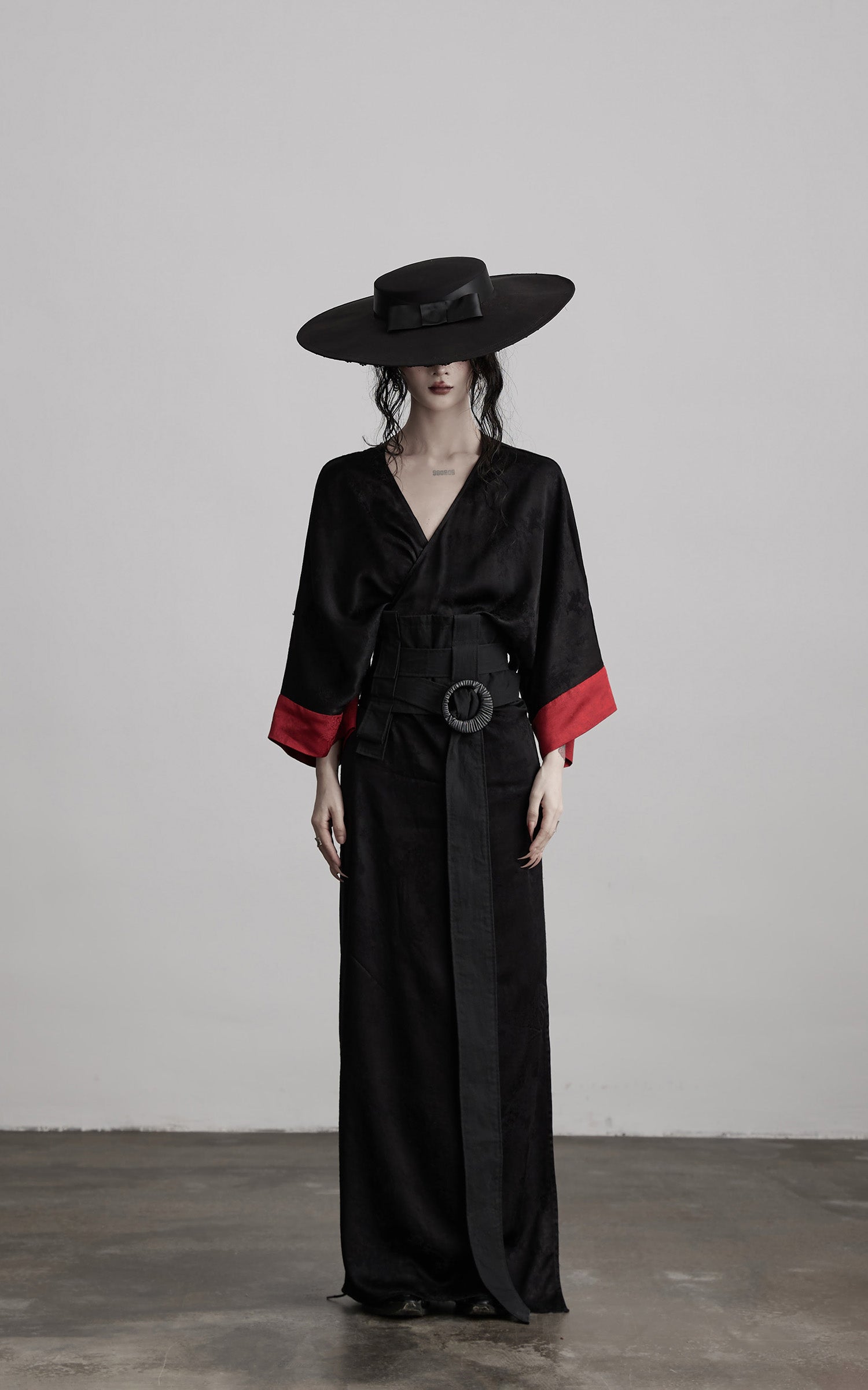 DOINDULGE Kimono Sleeve Wrap Coat with Red Contrast Cuffs and Long Tie