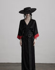 DOINDULGE Kimono Sleeve Wrap Coat with Red Contrast Cuffs and Long Tie