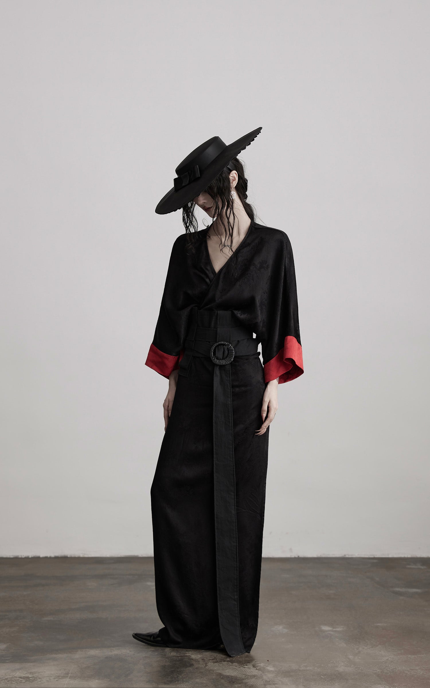 DOINDULGE Kimono Sleeve Wrap Coat with Red Contrast Cuffs and Long Tie
