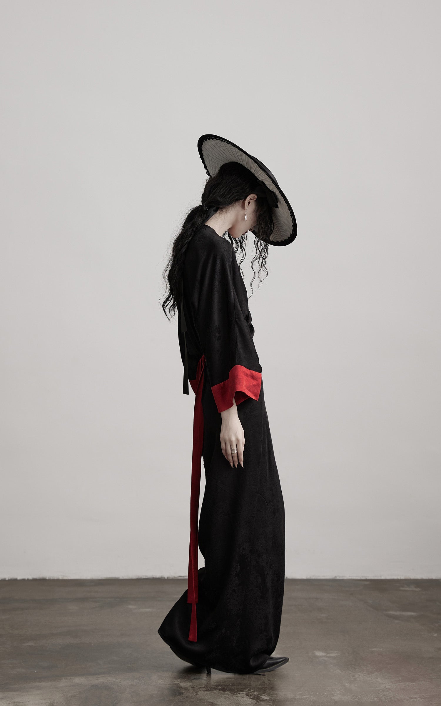 DOINDULGE Kimono Sleeve Wrap Coat with Red Contrast Cuffs and Long Tie