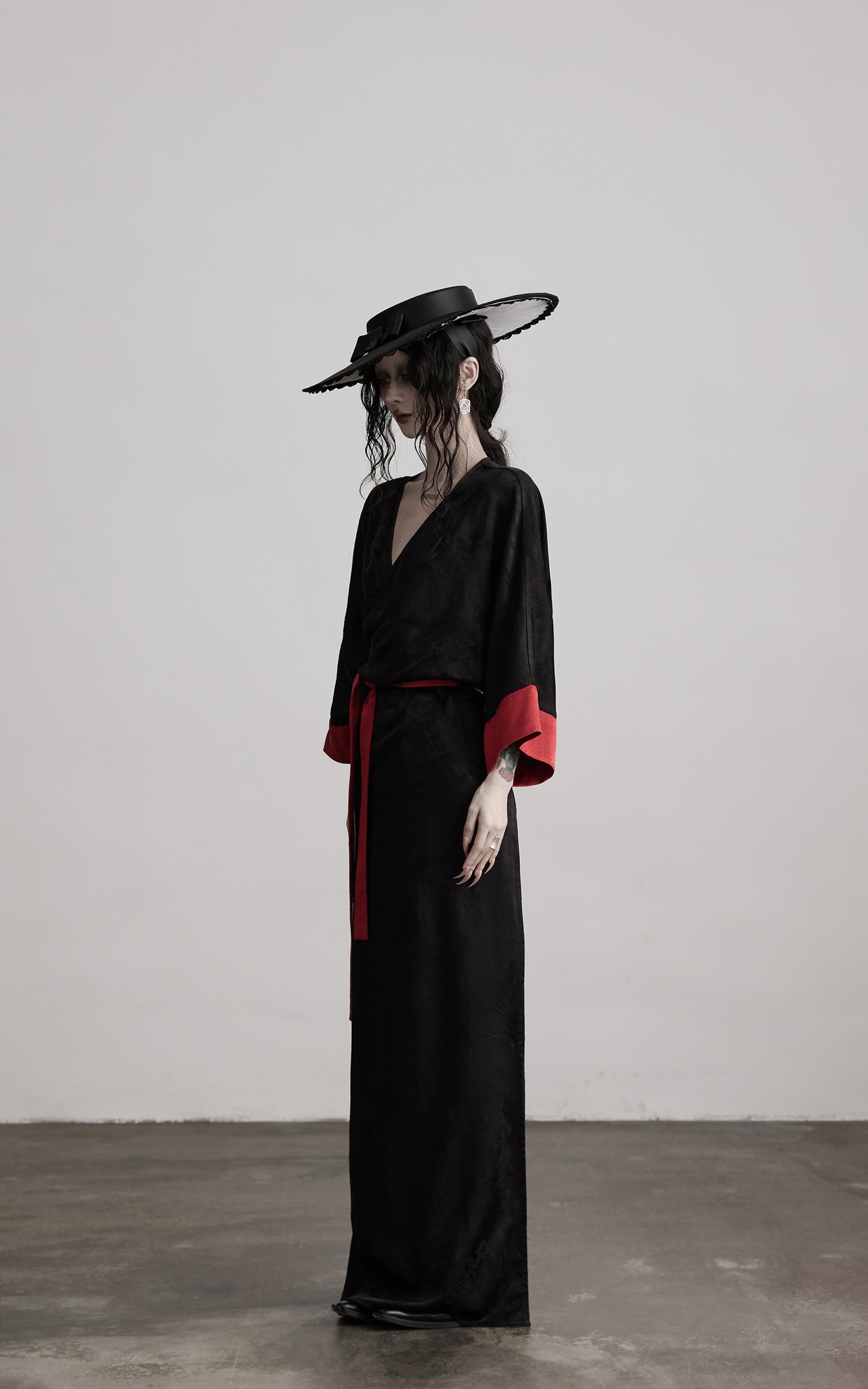 DOINDULGE Kimono Sleeve Wrap Coat with Red Contrast Cuffs and Long Tie