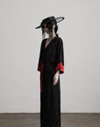 DOINDULGE Kimono Sleeve Wrap Coat with Red Contrast Cuffs and Long Tie