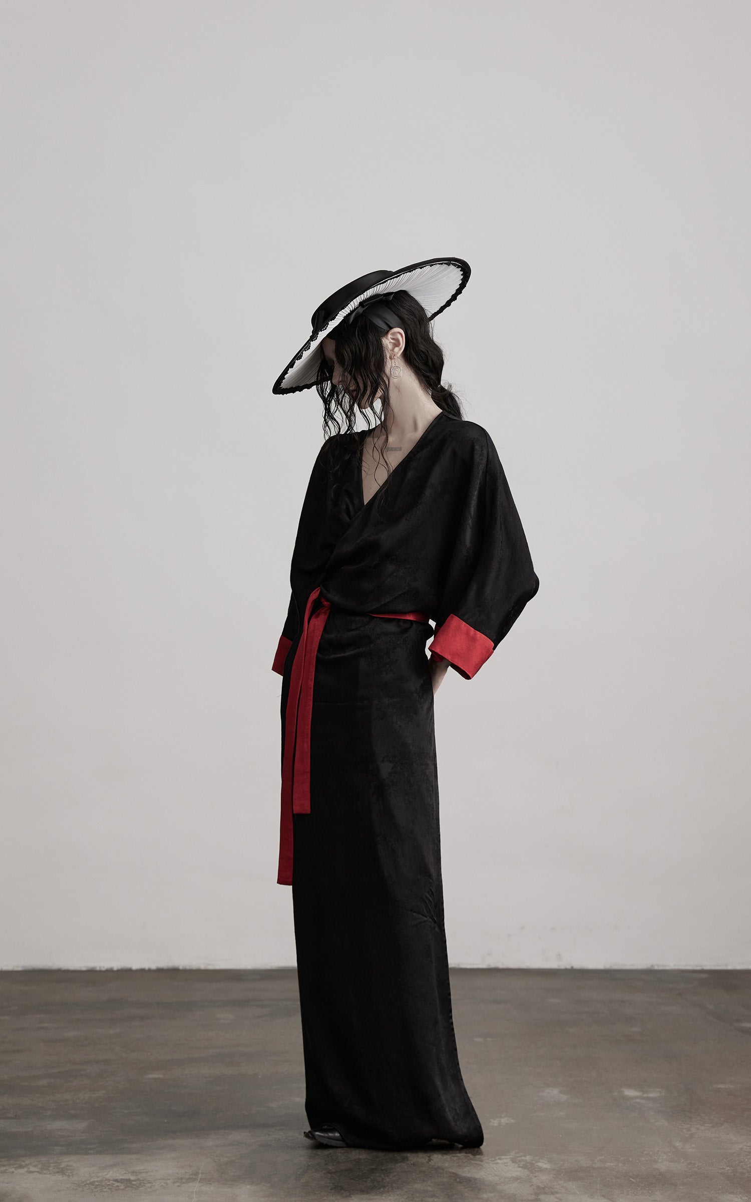 DOINDULGE Kimono Sleeve Wrap Coat with Red Contrast Cuffs and Long Tie