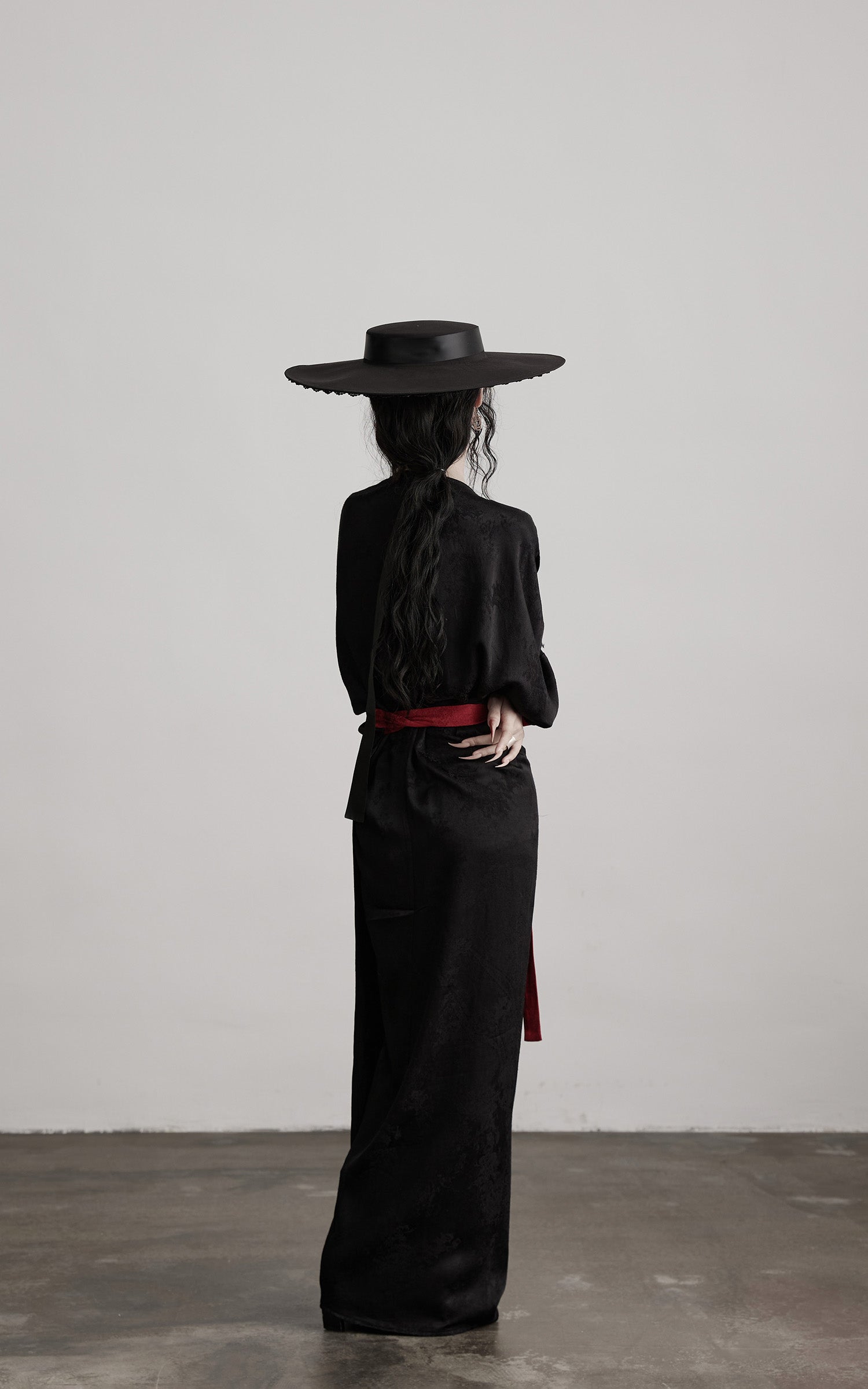 DOINDULGE Kimono Sleeve Wrap Coat with Red Contrast Cuffs and Long Tie