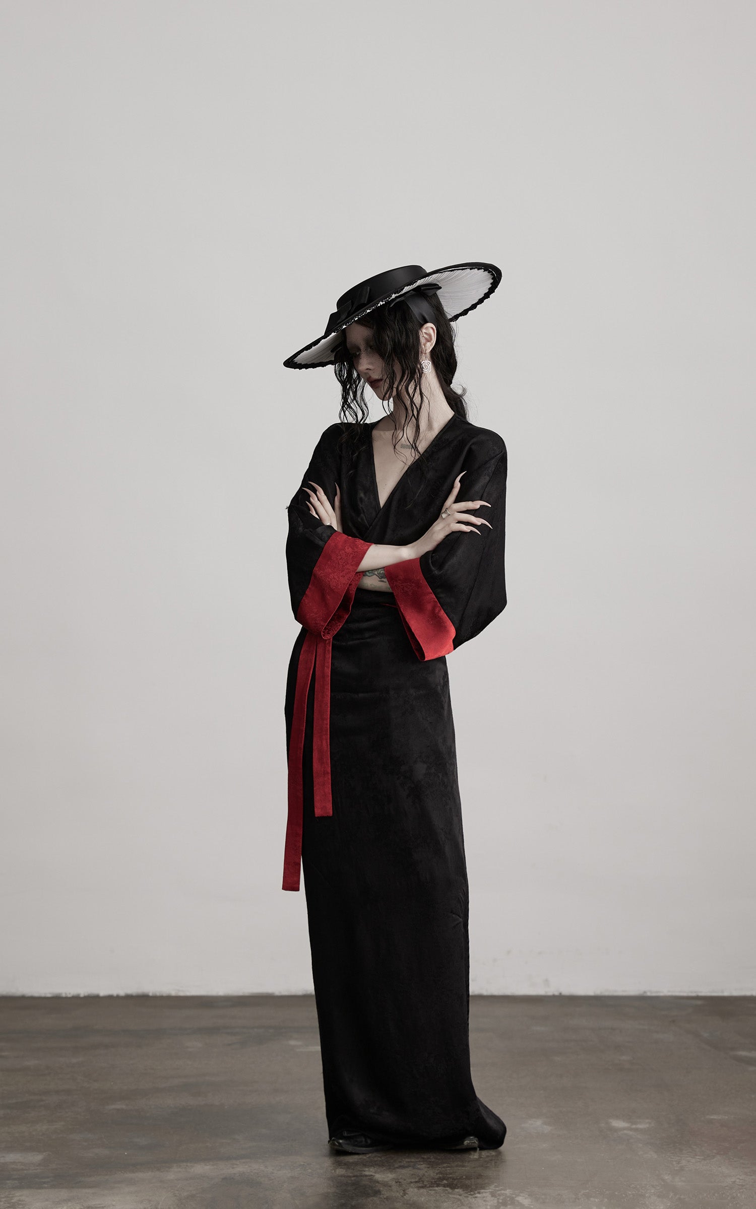 DOINDULGE Kimono Sleeve Wrap Coat with Red Contrast Cuffs and Long Tie